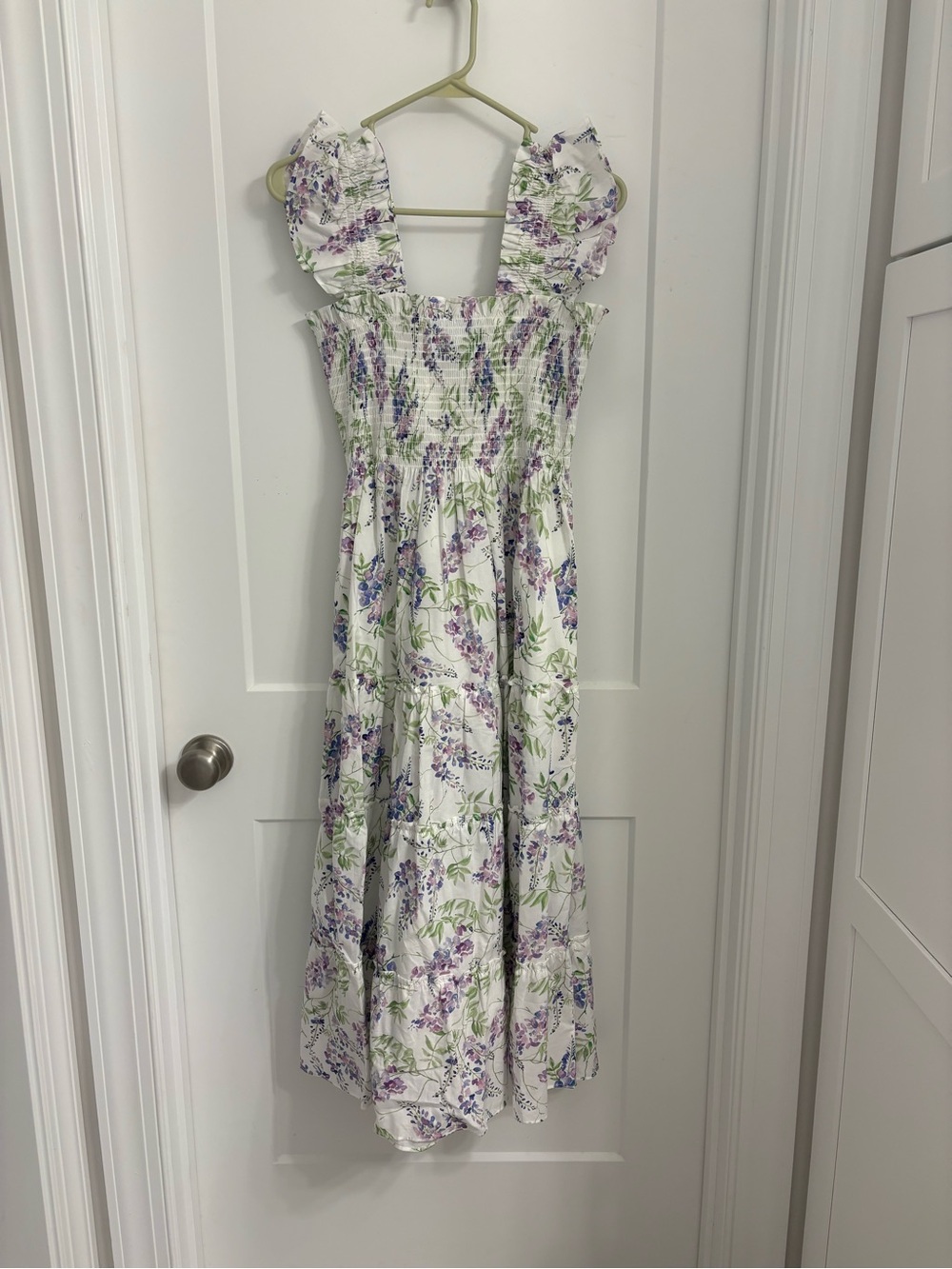 Smocked Ruffle-Strap Midi Dress in White with Purple and Green Floral Print
